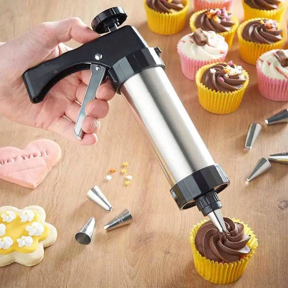 23pcs Stainless Steel Cookie & Cake Decorating Squeezer Bakeware Kit - Durable Machine-Built, 25*14.5cm/9.84*5.7in, Easy-Clean Baking Utensils for DIY Cookies & Desserts, Includes Cream Pastry Injector, Decorating Gun & Discs, Reusable Home Kitchen Gift