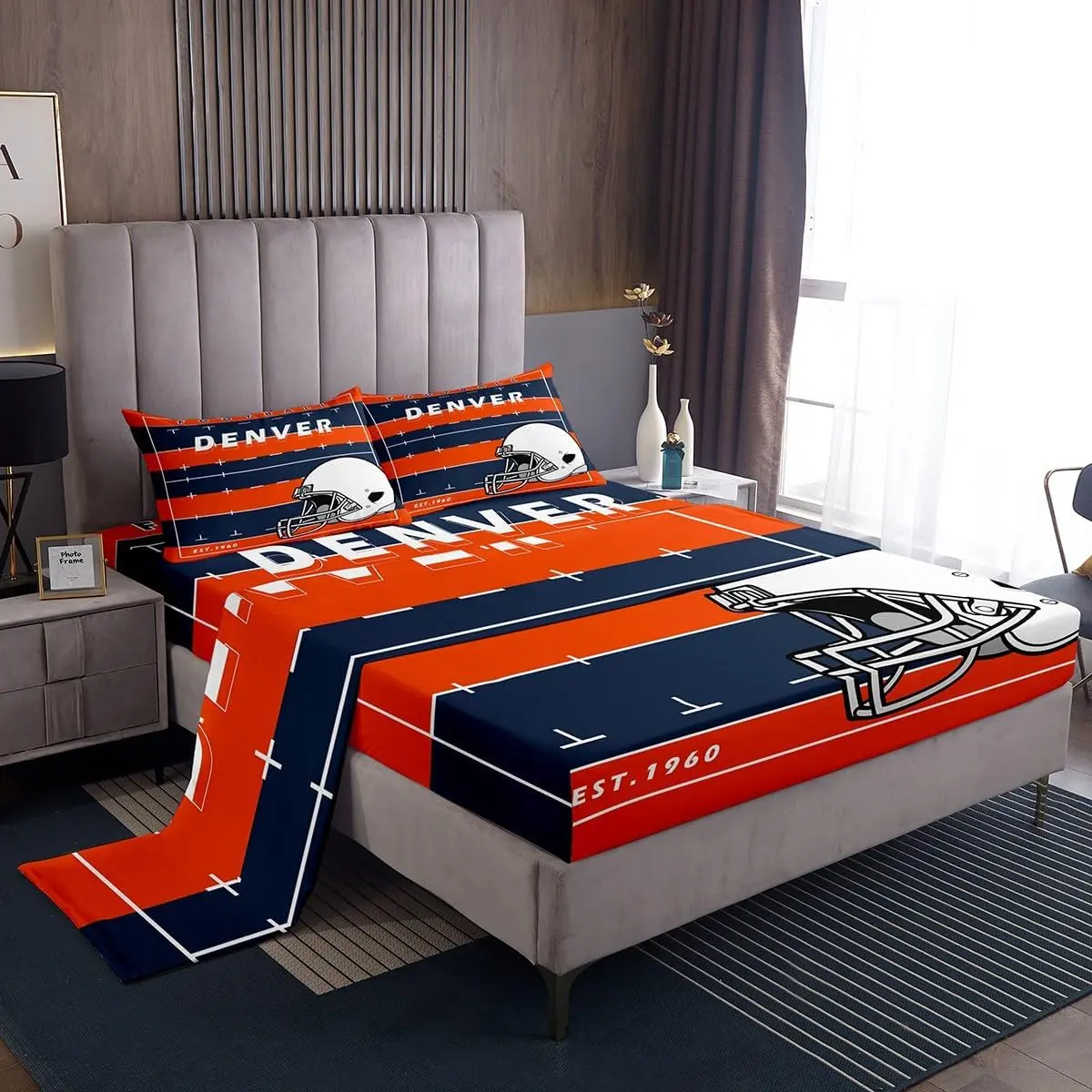 Feelyou 3D Watercolor Helmets Football Sheet Set - Orange & Deep Blue Flat & Fitted Sheets for Boys' Bedroom (Denver), Flat Fitted Sheet