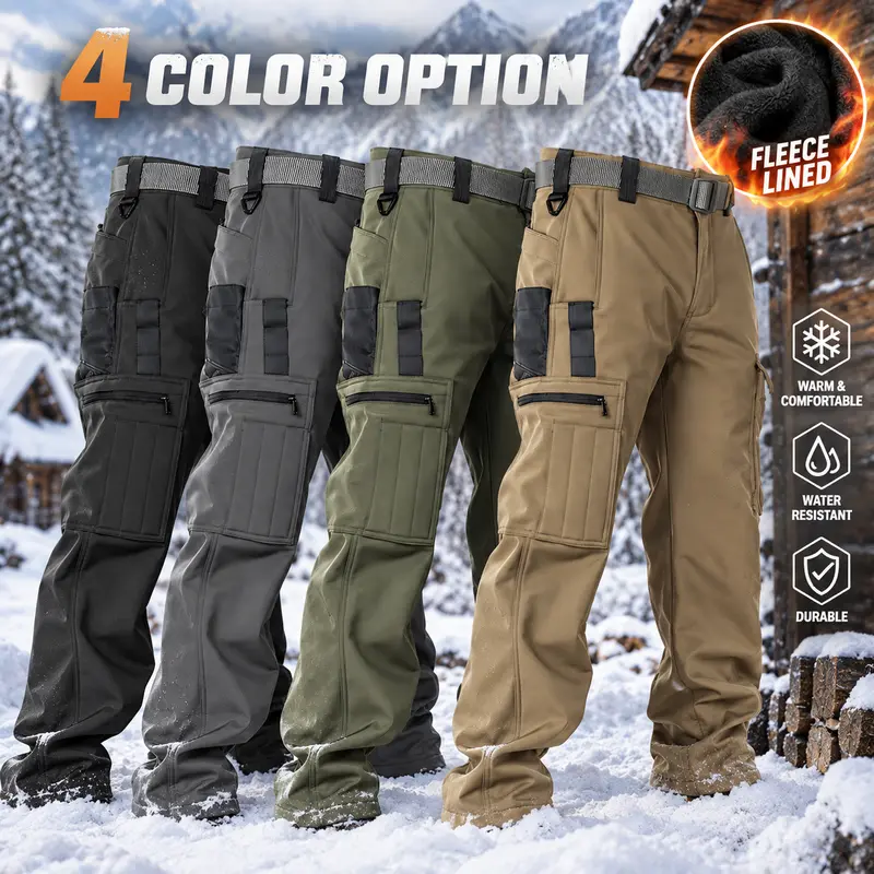 HOMUG Windproof Warm Men's Outdoor Tactical Pants Fleece Lined Solid Color Sport Style Regular Fit Mid Waist with Pockets No Belt for Casual Weekend Wear Autumn Winter - High Waisted Joggers