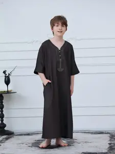 Middle Eastern Muslim Boy Summer Loose Short Sleeve Embroidered Thobe, Modest Long Length, Casual Fit, All Seasons Clothing