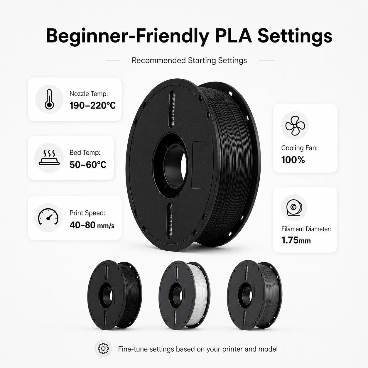PLA Filament 1.75mm 1KG Spool, Maker 3D Printing Material for Home, School & Workshop, Clean Finish, Stable Output, Easy Printing, Black/Silver/Gunmetal Gray