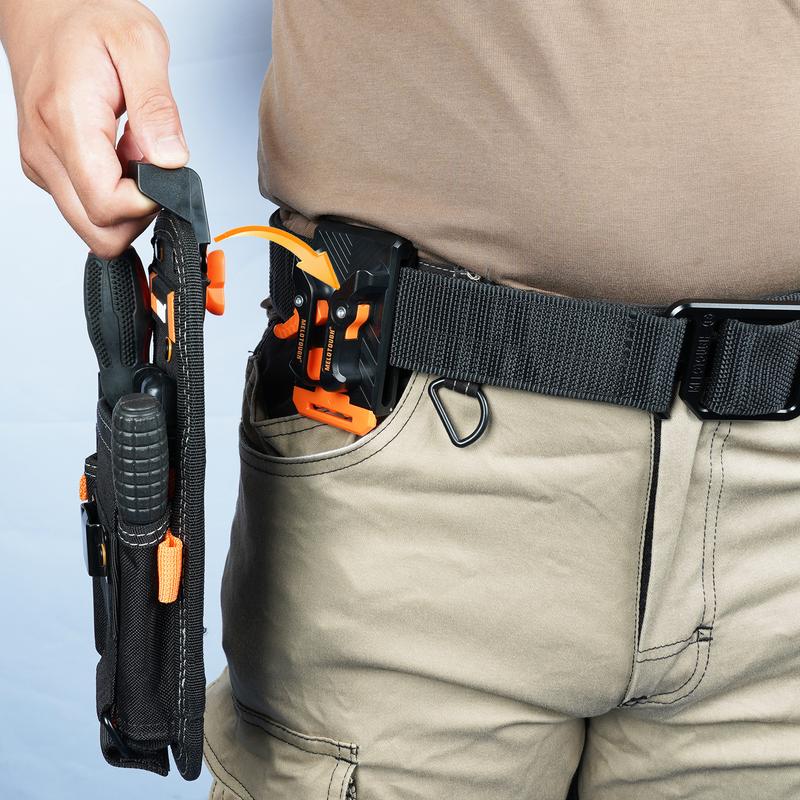 MELOTOUGH Small Tool Pouch with Quick Release Belt Clip Heavy Duty 600D Material 8 Pockets Electrician Tape Holder for Technicians & Maintenance Workers Rugged Construction Durability