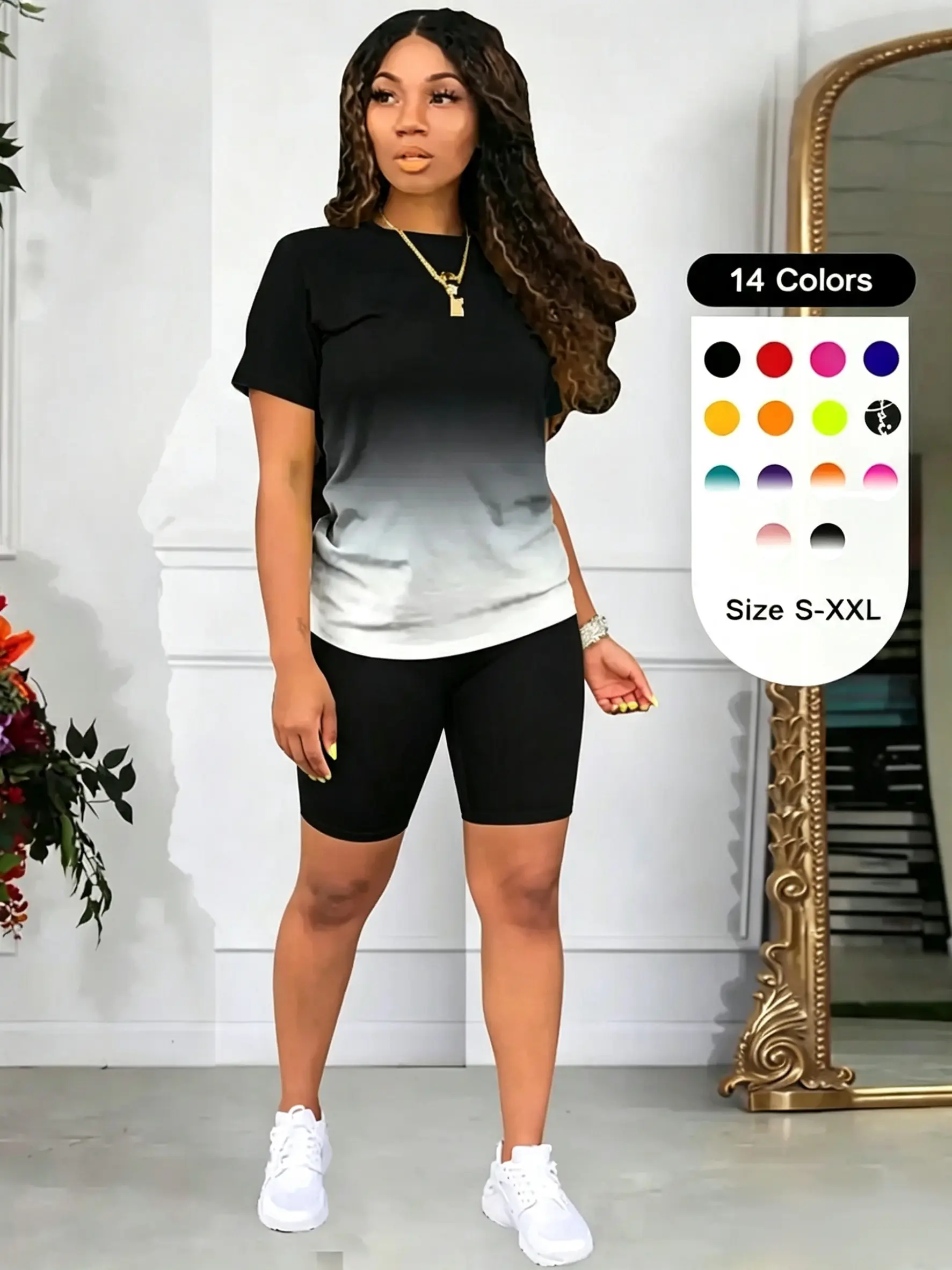 Two-piece Set Women's Ombre Print Skinny Shorts Two-piece Set, Crew Neck Short Sleeve T-shirt & Track Shorts, Back To School Outfits, Fall Sets, Casual Fall Clothes for Daily Wear Valentine's Day, Gift, Summer 2 Piece Set, Womenswear