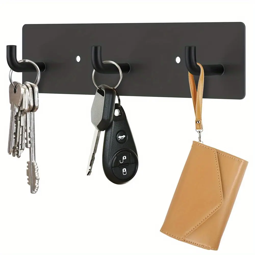 Key Holder Wall Mount, Black Small Key Hanger Self Adhesive Key Rail with 3 Key Hooks Metal Key Rack Organizer for Doorway Entryway Hallway Camper Makeup Matte Smooth