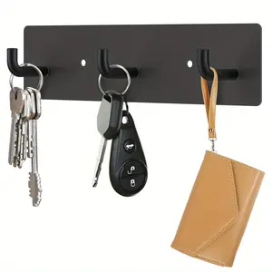 Key Holder Wall Mount, Black Small Key Hanger Self Adhesive Key Rail with 3 Key Hooks Metal Key Rack Organizer for Doorway Entryway Hallway Camper Makeup Matte Smooth