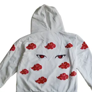 Anime Units Hoodie with Red Clouds and Eye Design on White Fabric Menswear Sweatshirts Tops Man Pullover Long Sleeve Casual