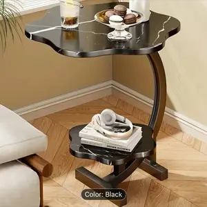 Double-layer petal-shaped side table with metal frame, multi-purpose portable coffee table suitable for sofa end in living room, fiberboard structure, applicable to various models