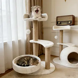 Multi layer climbing cat tower with white sisal rope grab post | Soft floor mat, hanging cat toy, easy to assemble, high load-bearing capacity, suitable for cats of all sizes