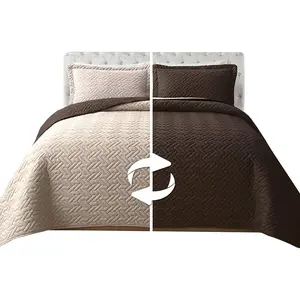 3-Piece Quilted Reversible Bedspread Coverlet Set with Pillow Shams, Stitching All Season Weight - Soft- Twin XL, Brown/Cream