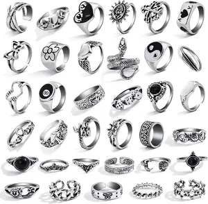 35 Pcs Vintage Silver Knuckle Rings Set for Women Men, Grunge Gothic Rings Chunky Aesthetic Snake Stackable Adjustable Punk Bulky Finger Alt Fairy Skull Frog Heart Star Flower Midi Ring Pack