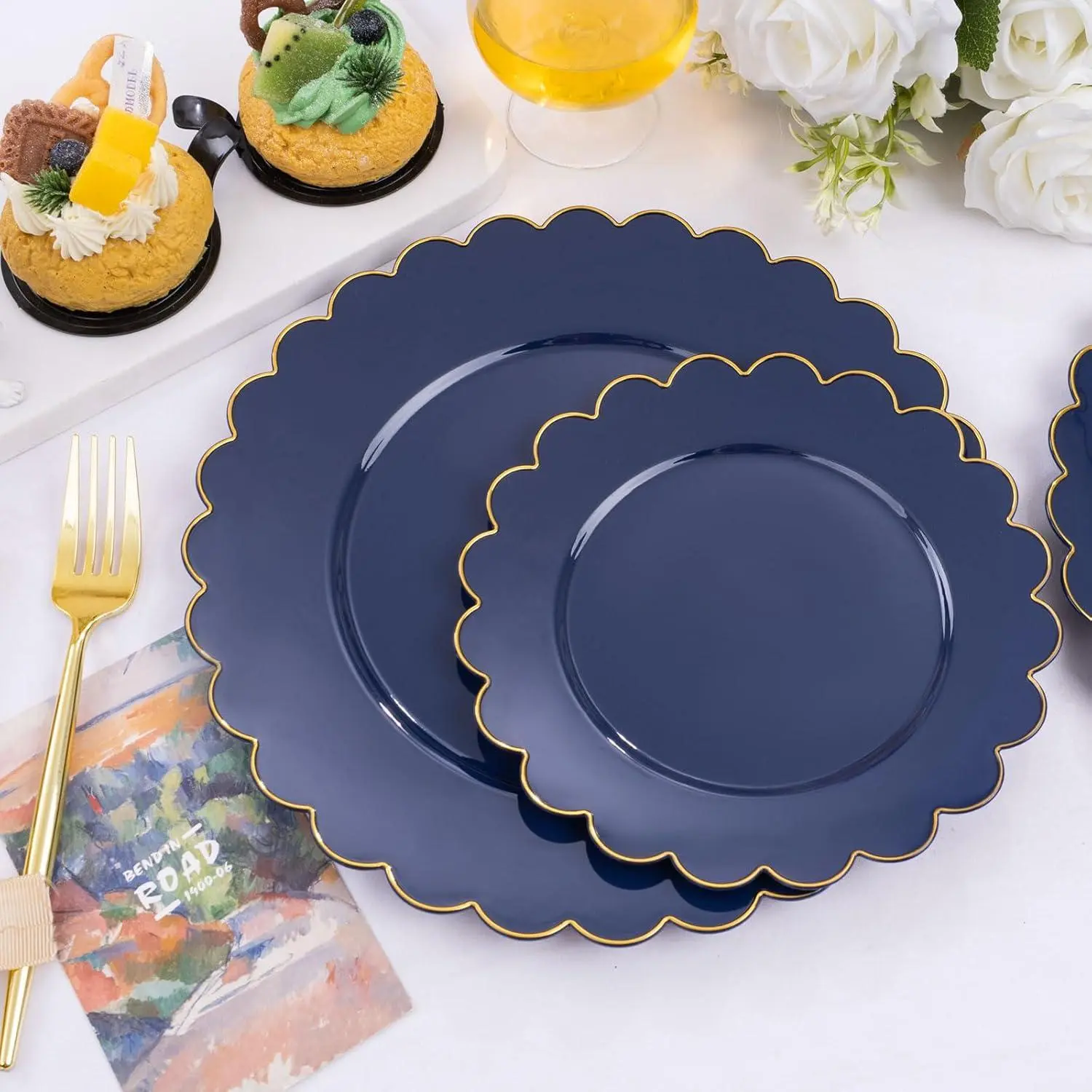 100-Count Blue and Gold Flower Disposable Plastic Dinnerware Set, Heavy-Duty Birthday Plates - 50pcs 7.5" & 50pcs 10.2" for Party, Wedding (Includes Black Disposable Party Plates), Black Plates Disposable For Party