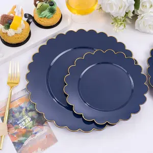 100-Count Blue and Gold Flower Plastic Disposable Dinnerware Set, Heavy-Duty Plates for Party, Wedding (50pcs 7.5" & 50pcs 10.2")