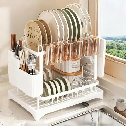 【TikTokShopBlackFriday】Raybee Double-Layer Large-Capacity Kitchen Countertop Drain Rack with Drain Board, Made of Metal, for Holding Dishes, Knives, Cups, and Cutting Boards