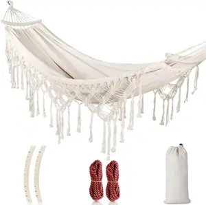 Backyard Hammock with Tassels Max 500lbs Canvas Fabric Bohemian Style with Thickened Rope and Carry Bag for Outdoor, Garden, Patio, Wedding Decor (White)