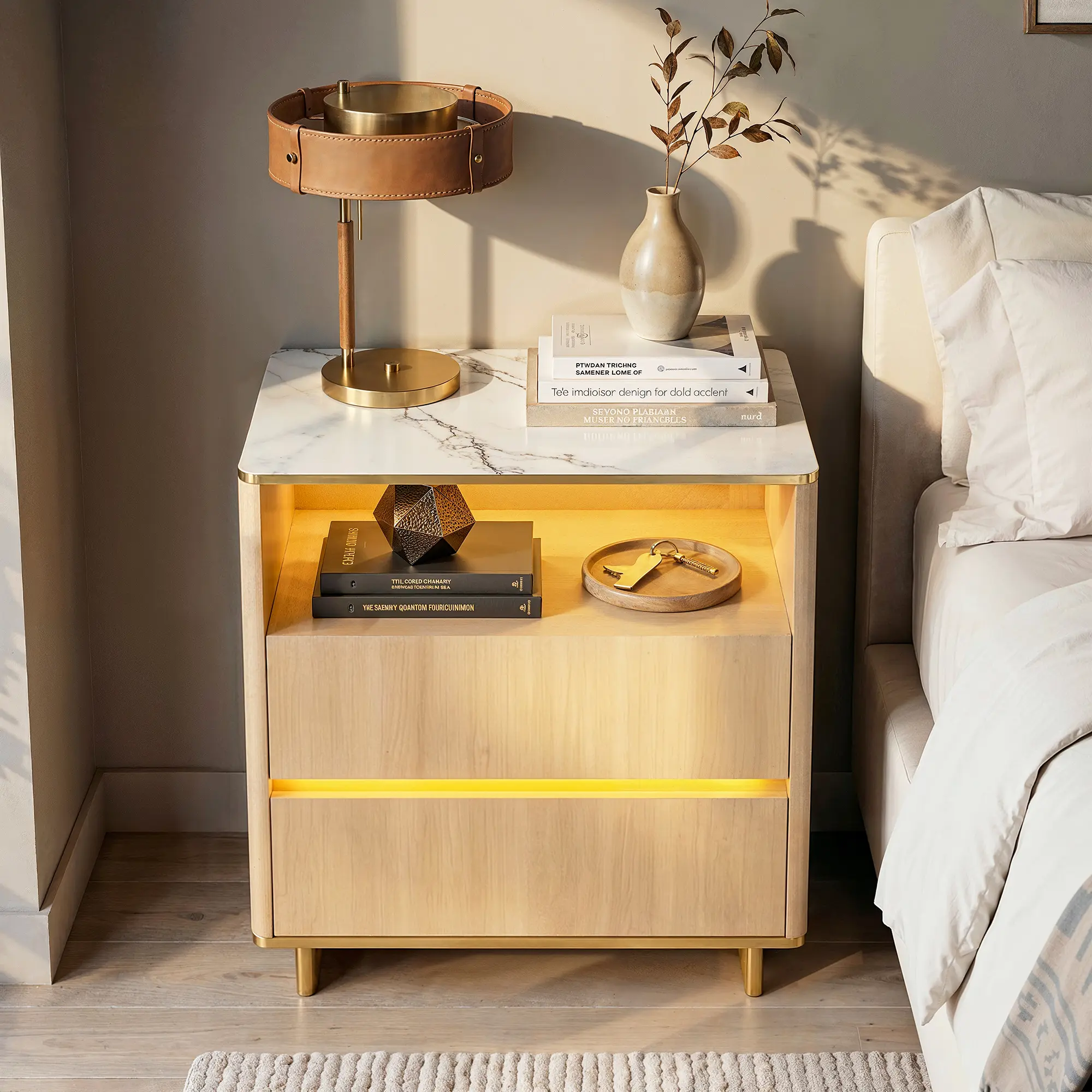 FUFU&GAGA Light Luxury Modern LED Nightstand - Light Oak with Gold Metal Trim, Marble Top, 2-Drawers, Open Storage Cubby, USB-A Charging Ports, Book Nook, Accent Cabinet for Modern Bedroom & Apartment Size Bedside Tables, 31.5"H × 31.5"L × 19.7"D