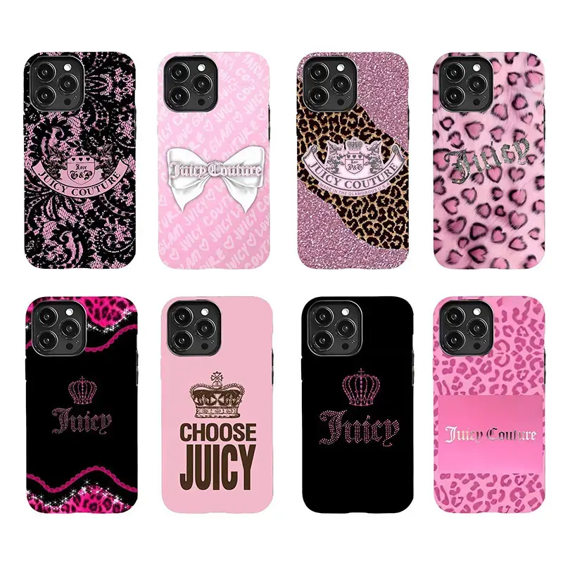 Y2K Juicy Couture Phone Case for iPhone 17 16 15 14 Pro Max Plus Pink Leopard Crown Glitter Bow Luxury Aesthetic Shockproof Protective Slim Back Cover