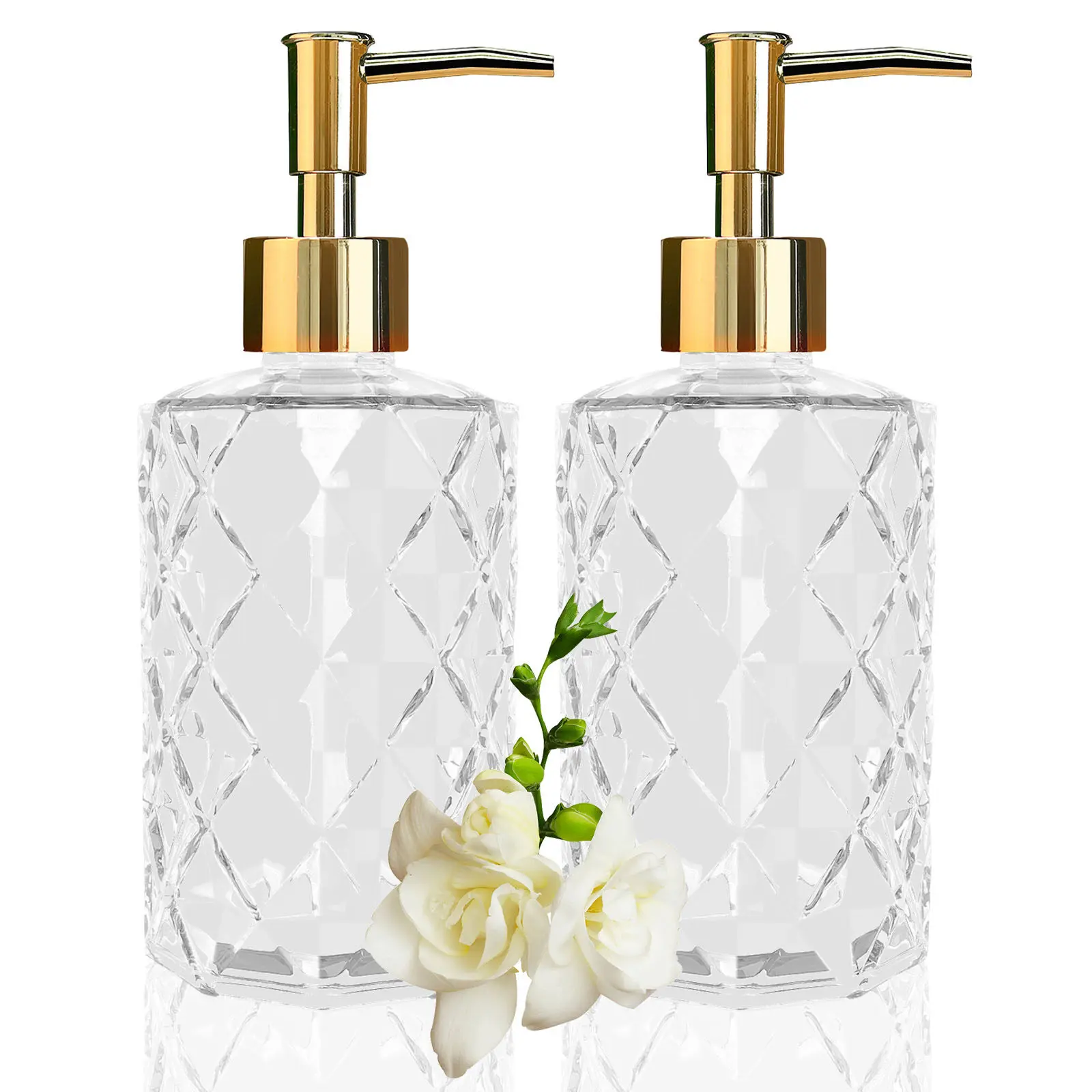 2-Pack Sturdy Compact 330ml Transparent & Golden Bottle-Shaped Glass Press Dispensers - Bathroom Accessory, Recessed Cap Pump Top, Soap Canister for Hand Soap, Shampoo, Lotion Home Use