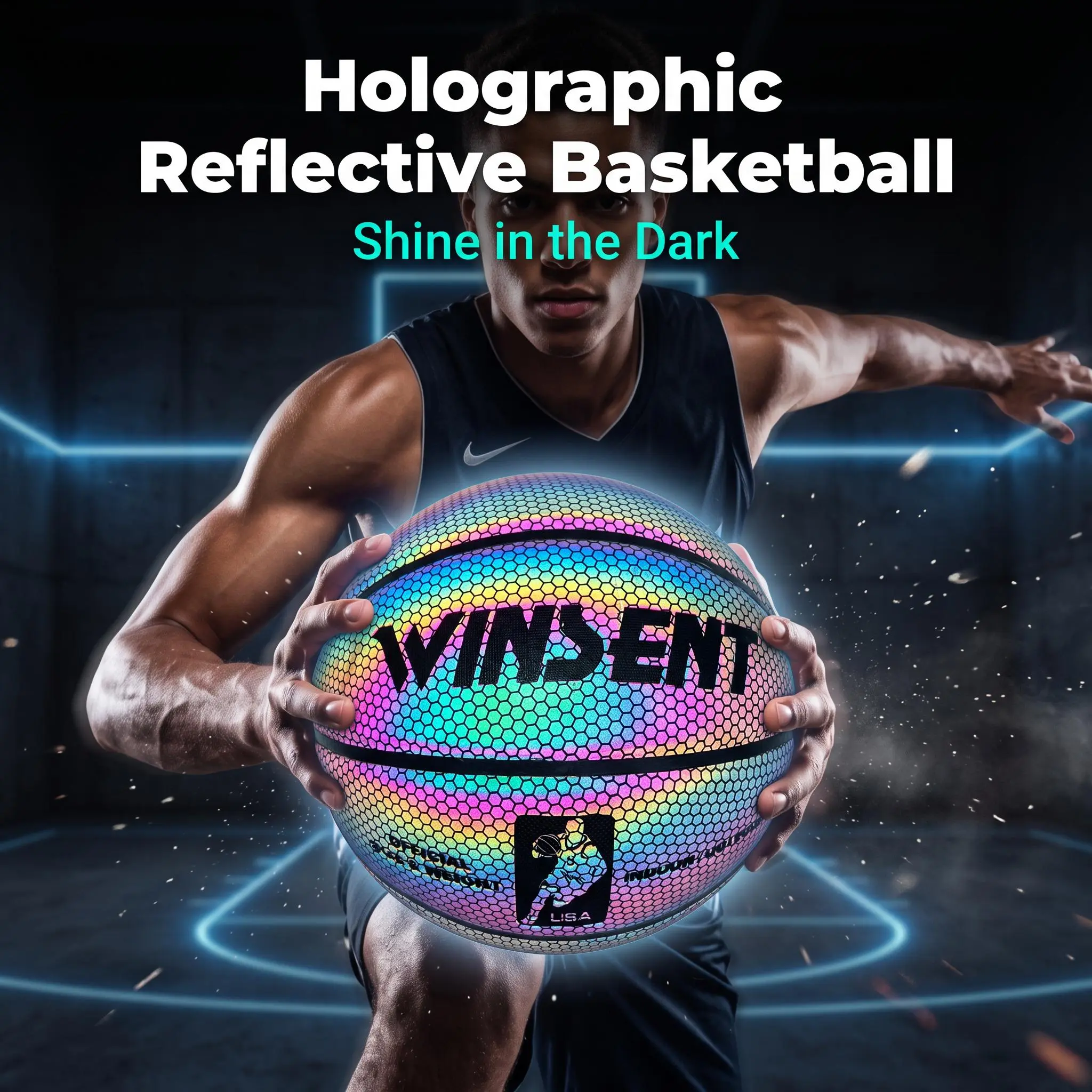 Holographic Reflective Size 7 Basketball, Flash Light Reflecting Glow Basketball, Premium Composite Leather Street Basketball, Official Adult Basketball, Indoor Outdoor Training Basketball, Unique Gift Choice for Basketball Lovers