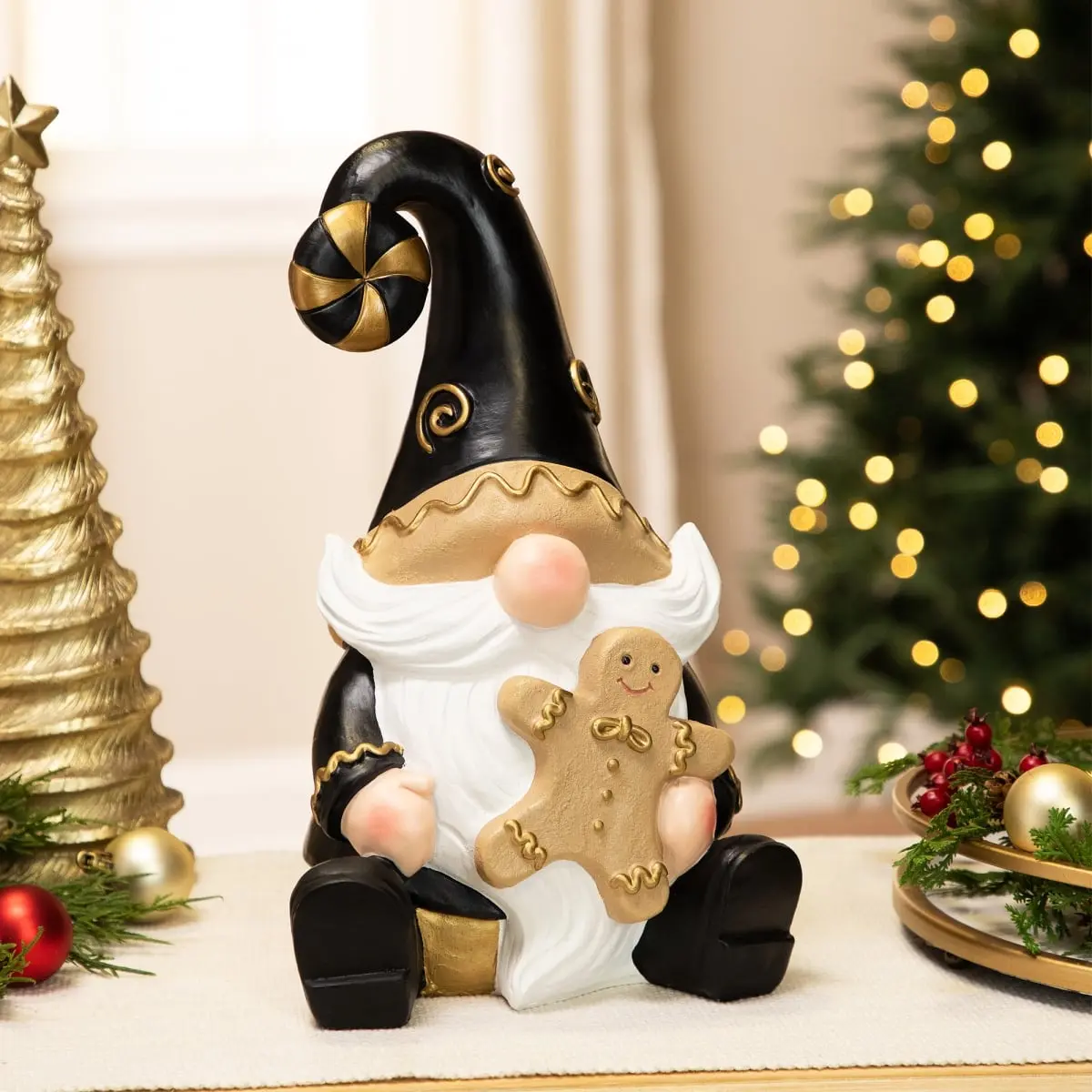 360 Stand 13 in. Black Gnome Figurine - Hat, Gingerbread Man Cookie in Hand, Christmas Home Decor Ornament, Festive Outdoor Ornaments, Home Supplies, Decoration, Room Decorations