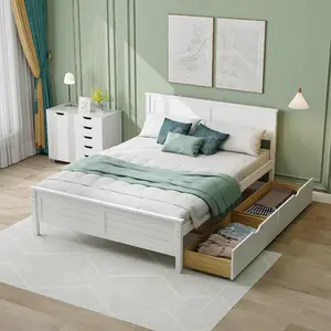 Wood Full Size Bed Frame with 2 Storage Drawers, Solid Wood Platform Bed with Headboard, Wooden Mattress Foundation, No Spring Needed, Full Bed Frame for Kids, Teens, Adults, White