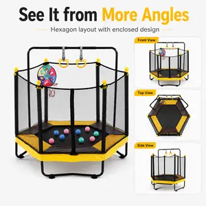 54" Trampoline with Enclosure Net, Adjustable Gymnastics Bar & Basketball Hoop – Indoor Outdoor Home Bouncer with Rings and Ocean Balls for Active Bouncing
