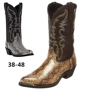 2025 New Men's Western Cowboy Boots with Wooden Heels High-Top Large-Size Knight Boots Sizes 38-48 Lightweight Couple's Boots with Faux Snake-Pattern Upper and Metallic Stylish Decorations