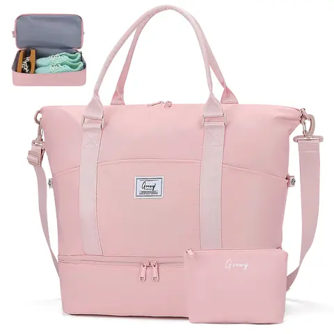Women's Foldable Nylon Duffle Bag - Waterproof Polyester Multifunctional Luggage, Sturdy Portable Storage On-the-Go Travel Bag with Shoe Compartment, Toiletry Pouch for Travel Personal Items