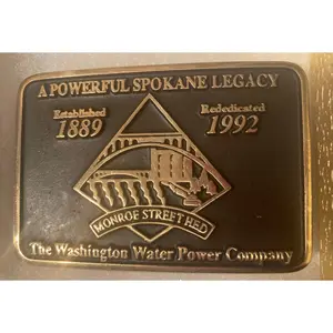 Vintage 1992 Metal Belt Buckle, Brass, Hydropower Plant, Energy, The Washington Water Power Company, Nice Western Design,  3" x 2", Quality, Made in USA, Country and Western, Heavy Duty, Fashion, Belts, Shelf Display, Collectible Belt Buckle