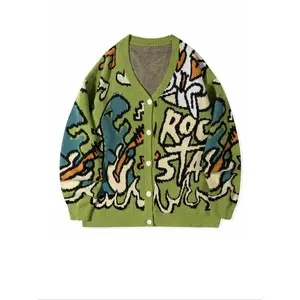 Men’s drop-shoulder cardigan with letter and dinosaur print, loose casual long sleeves, V-neck, button front knitwear for autumn and winter; men’s knitted clothing for everyday wear