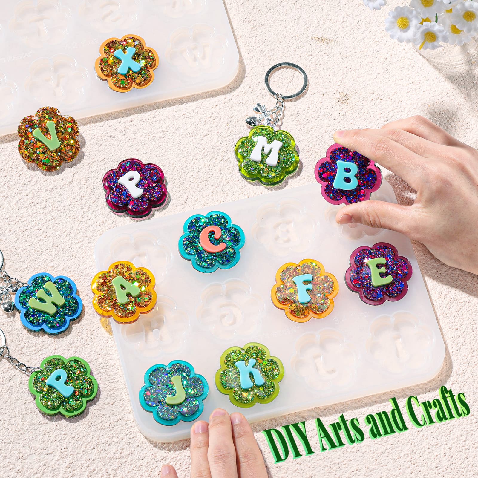 Keychain Resin Molds Silicone with Hole, 27 Cavities Flower Alphabet UV Resin Jewelry Pendant Molds kit for Beginner, Letter Epoxy Resin Molds for Keychain Pendant Jewelry Making - LET'S RESIN