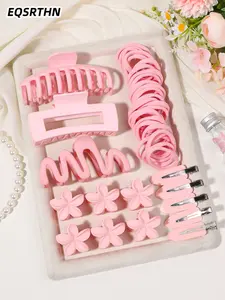 34pcs Valentine's Day pink hairband hair clip set, sweet vitality pink hair accessories set, 4.5 inch small rubber band square, keel, wavy hair clip bauhinia flower, seamless clip, ladies daily commute to work hair binding hair universal gentle Joker head