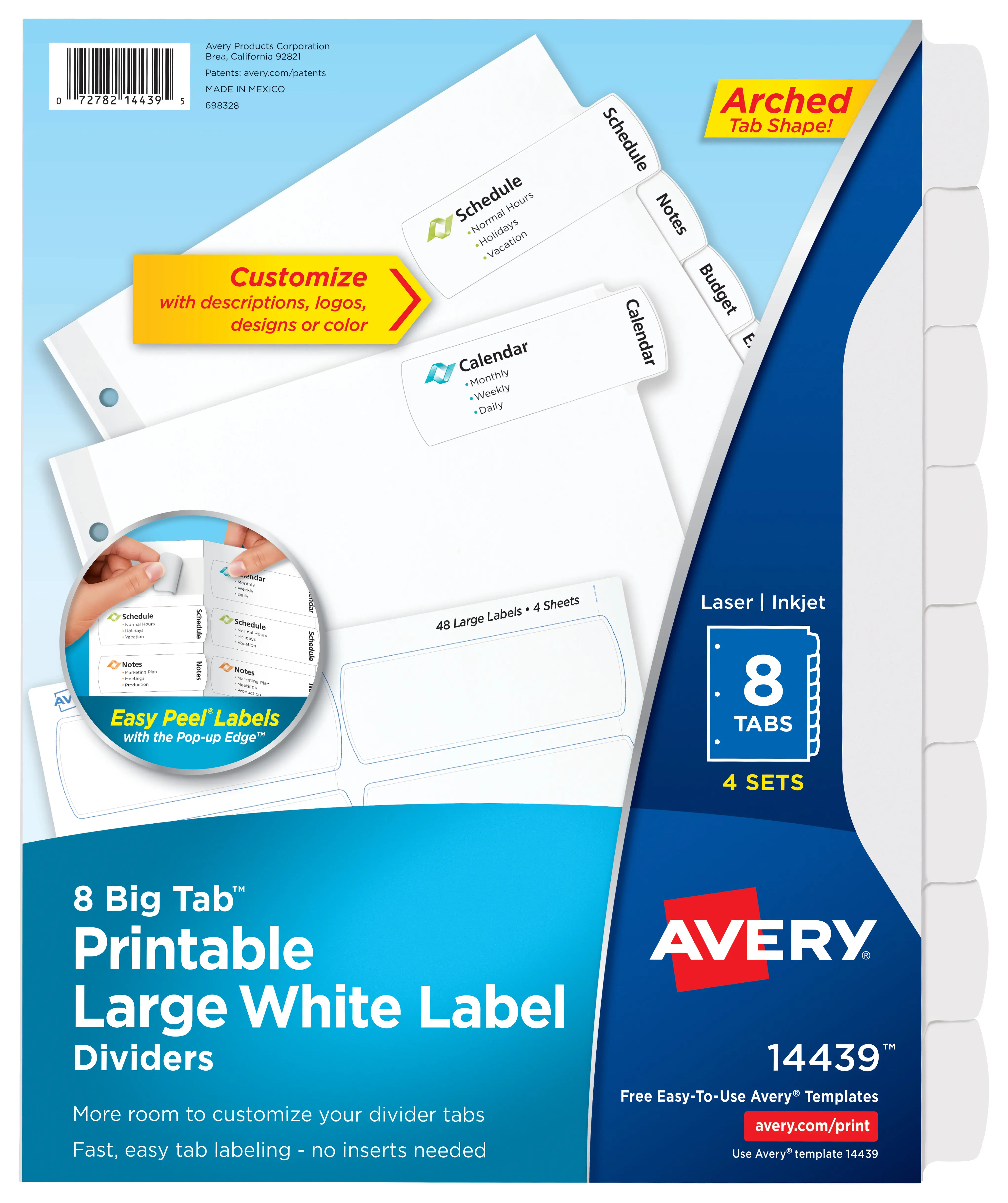 Avery Customizable Large Arches Index Dividers, Big Tab Printable White Label Dividers with Easy Peel, 8 Tabs, 4 Sets (14439)