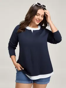 BloomChic Women's Plus Size Casual T-Shirt with Textured Spliced Long Sleeves, Round Neck and Medium Stretch Spandex, Fashion Outfit Womenswear