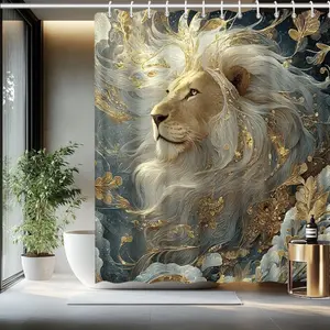 2D flat lion pattern forest shower curtain design, polyester fabric, windows and walls, bathtub, bathroom home decoration shower curtain, all season universal shower curtain, bathroom decoration curtain, equipped with 12 hooks