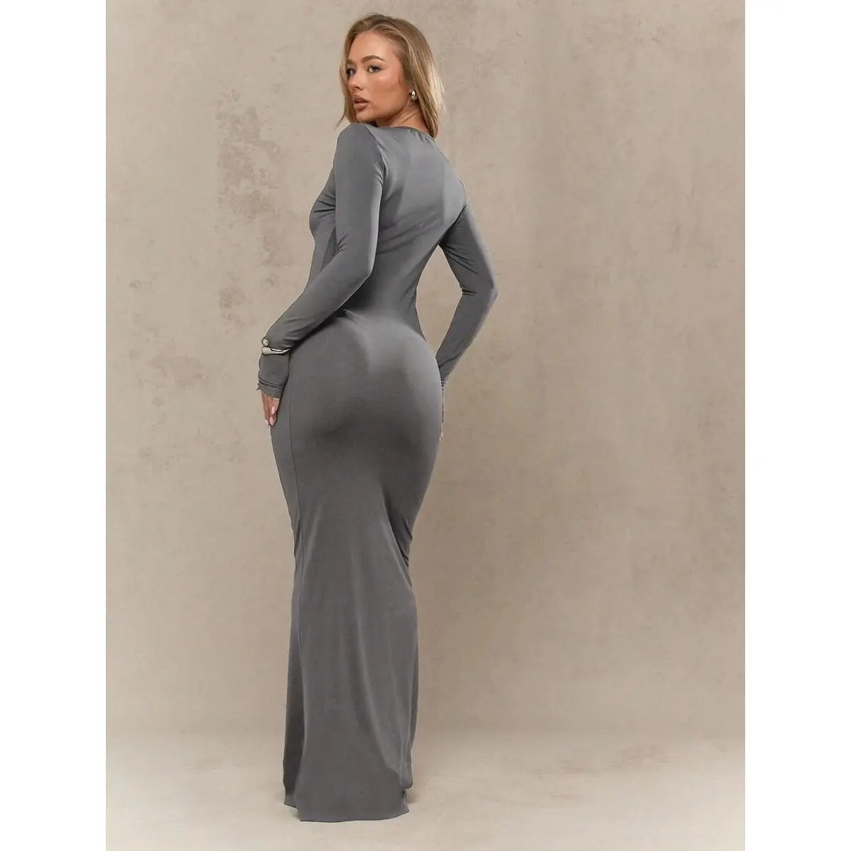 slim fit dress slacks V-Neck Form-Fitting Midi Dress  HAE-us