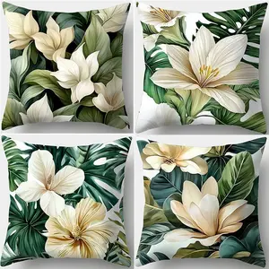 Floral & Green Leaf Pattern Cushion Cover, 4 Counts Tropical Style Throw Pillow Cover, Household Decoration Supplies for Home Living Room Bedroom Sofa Couch