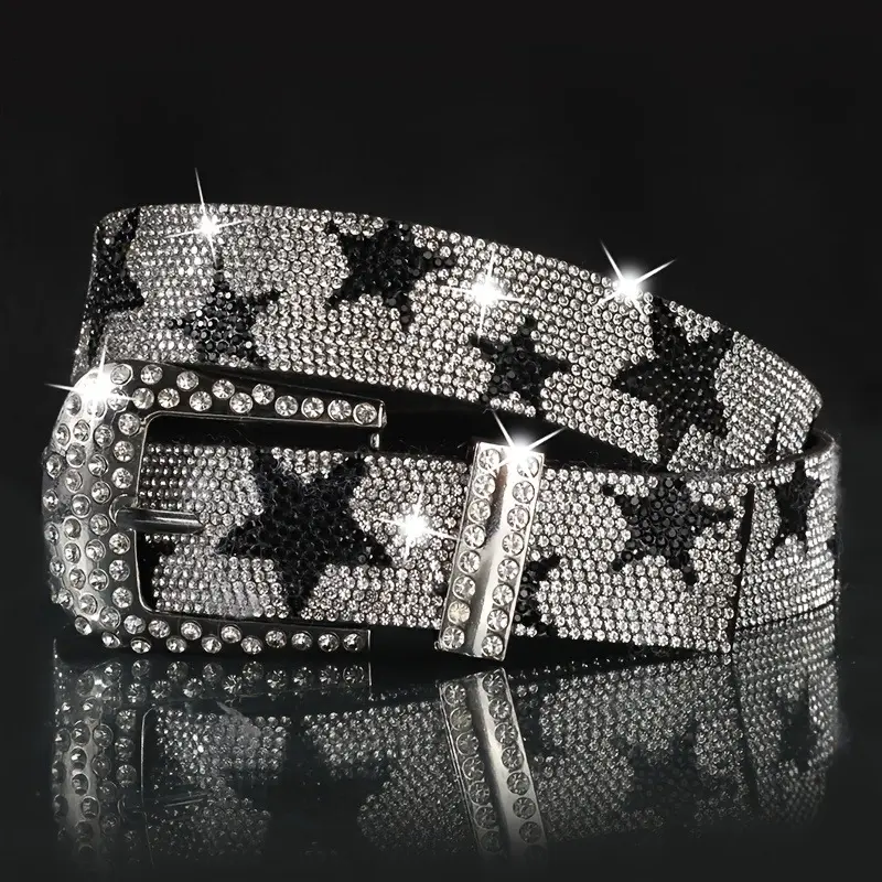 A stylish and shiny rhinestone belt with a trendy star design, suitable for both men and women, perfect for classic jeans