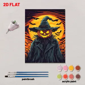 1pc Digital Painting Kit, Canvas with Frame, Digital Halloween Painting Kit, DIY Art and Handicrafts for Adults and Beginners, Brush, Gift Home Decoration Acrylic Paint Set, 12 * 16in, 16 * 20in, Pumpkin Skull Design
