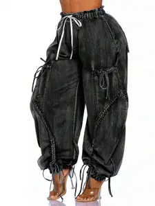 Women's Baggy Denim Harem Pants - Elastic Drawstring Waist Wide Leg Jeans With Bow Tie & Pockets |   Casual Boho Streetwear For Travel/Everday Comfort (Vintage Distressed Wash)