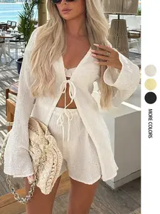 Women's Solid Color Longsleeves Fitted Tie Front Top & Shorts Set, Minimalist Basic Casual Fashion Cozy Two-piece Fashion Style Sets for Daily Outdoor Wear, Ladies Summer Clothes, Womenswear, Loungewear, Homewear, Casual Comfy Pajama Set, Cream