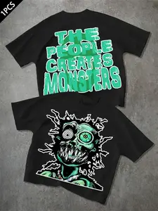 Men's Monster Print Round Neck Crop Tee, Loose Casual Fashion Short Sleeve T-shirt for Daily Wear, Men's Top for All Seasons, Tropical streetwear  outfits  men grandma's  favorite  shirt boyfriend  tees