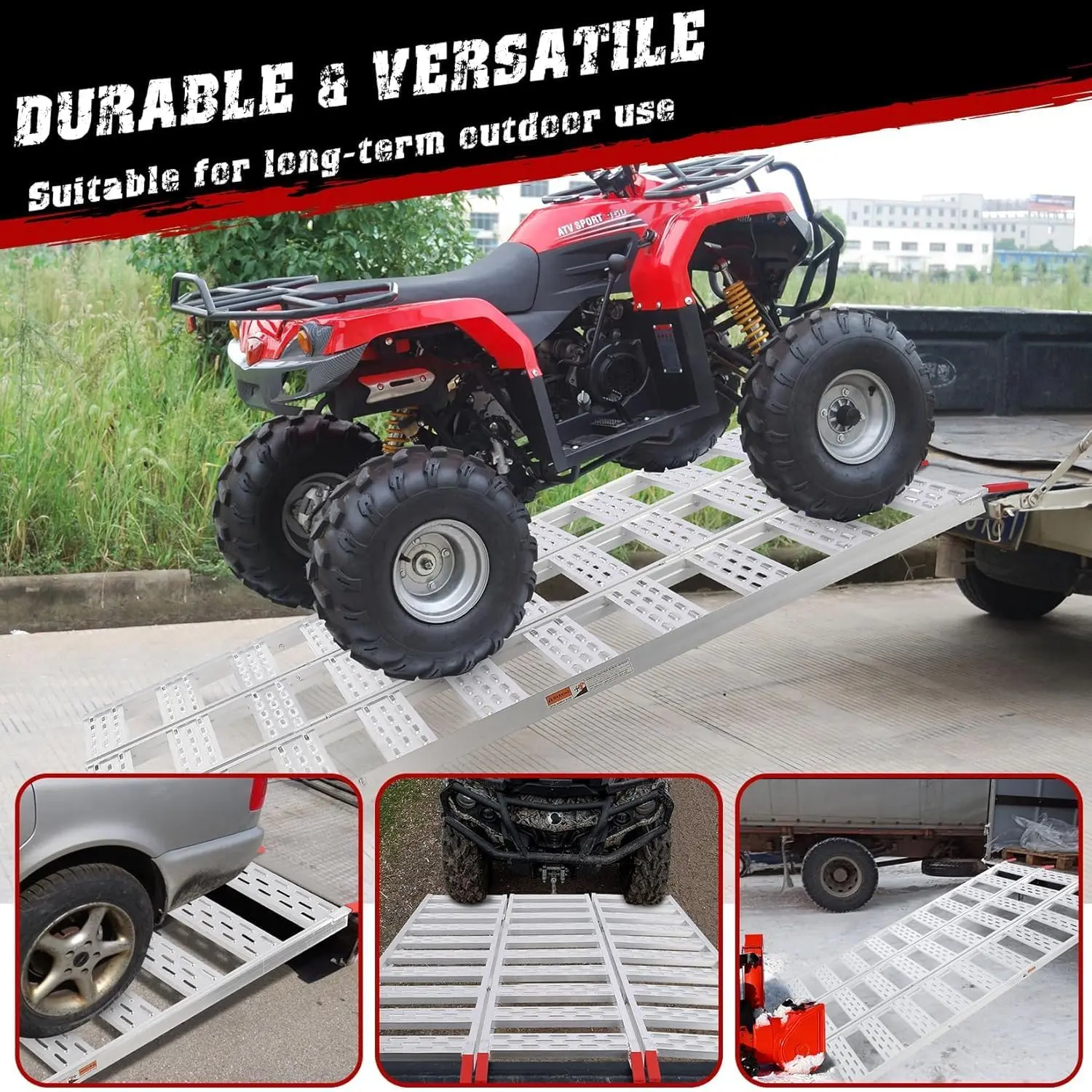 GAOMON Aluminum Tri-Fold Car Ramp Plate, 1500 lbs Capacity Powersports Loading Ramp with Weather Resistance, 76in L x 50in W, Load Straps Included for ATV/UTV, Lawn Mowers