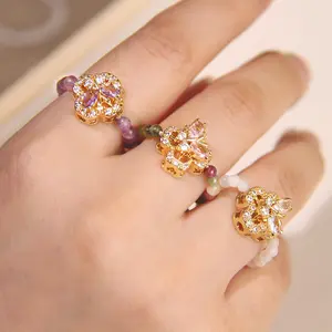 Rotating Anxiety Fidget Ring Moving Butterfly Ring Natural Crystal Amethyst Colored Tourmaline Moonstone Beaded Stretch Ring Unique Creative Jewelry for Women