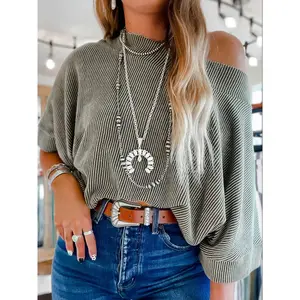 Women's striped printed large round neck bat sleeve oversized shirt, seasonal casual half sleeved top, women's daily clothingRAIMENTRY