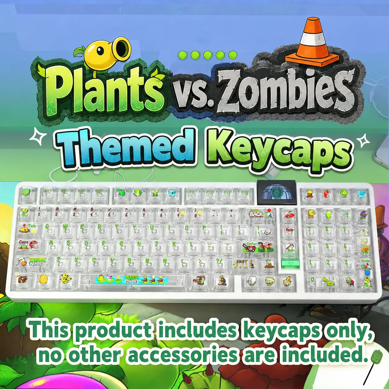 Plants vs. Zombies Themed Full Set Keycaps, Original Profile PC Transparent Translucent Backlit Keycaps for MX Switch Mechanical Keyboards, for Keyboard Aesthetic Decoration, Desktop Transformation, Keycaps Only, Keyboard Not Included