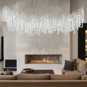 Modern Tree Branch Chandelier, Rectangular Crystal Silver Chandeliers Height Adjustable for Kitchen Island Dining Room Living Room