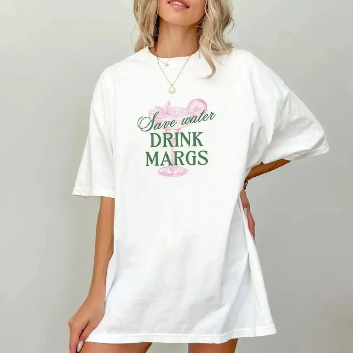 Women's Oversized Boxy Fit Graphic T-Shirt, Casual Cotton Streetwear with Funny 'Save Water Drink Margs' Bachelorette Party Print, Tshirt, Lady, Funny Slogan, Graphic Print