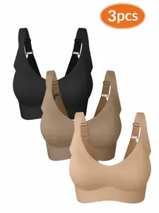 Women's 3-Pack Plain No-Wire Bras, Comfortable Breathable Seamless Push-Up, All-Season Fitted Bralettes with Medium Support