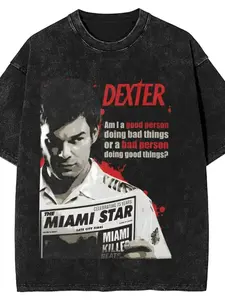 A clothing design T-shirt with the theme of Dexter, “Am I a good person doing bad things or a bad person doing good things?”  The dialogue reflects the moral ambiguity of punishing criminals as killers, which is the core contradiction of the series