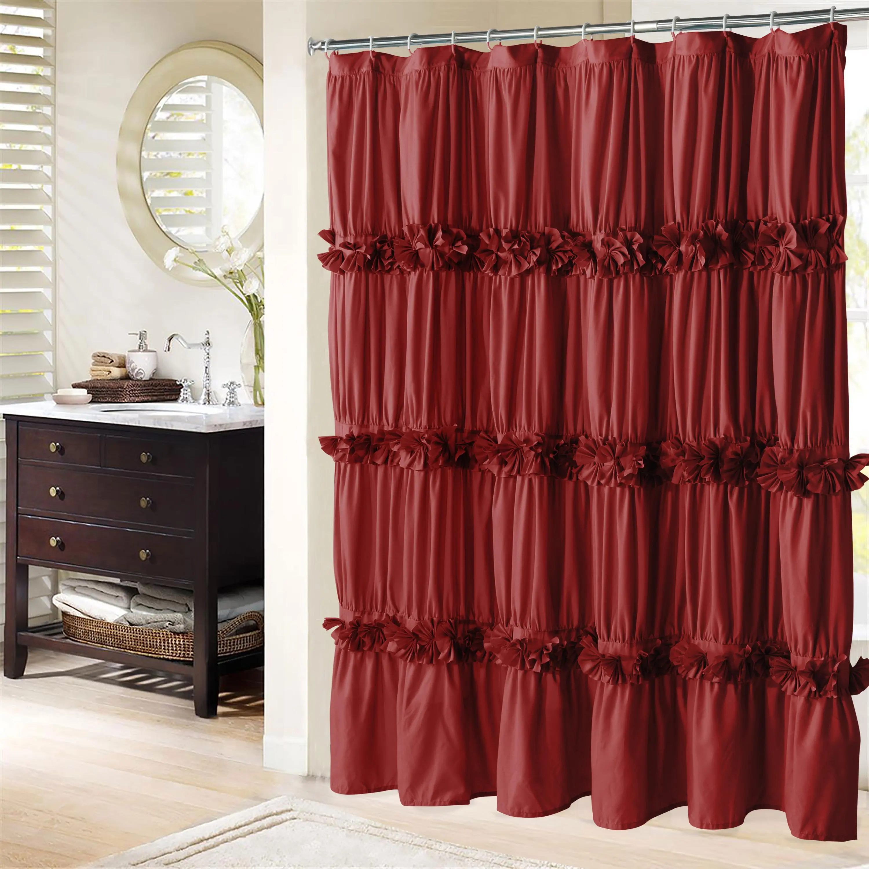 HIG Chic Ruffled Fabric Shower Curtain, French Country Floral Microfiber Bath Curtain for Guest Bathroom, 1 PC Flower Butterfly Washable